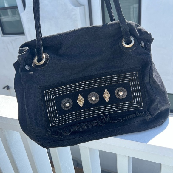 White Elephant Florence Italy linen canvas black fringe beaded tote aztec hippie - Picture 2 of 15